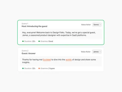 Podcast editor cards ai card clean design editing editor figma input interface minimal podcast saas scenes sequence software text ui ux video voice