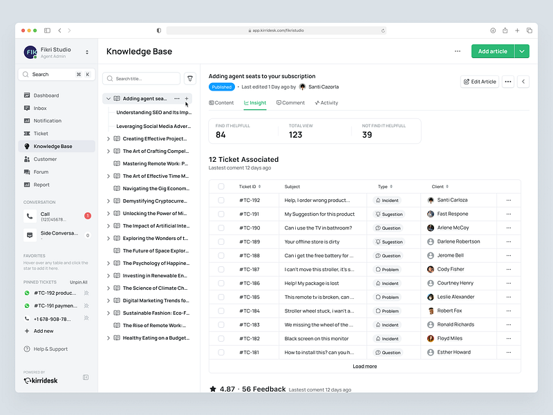 KirriDesk - Knowledge Base - Insight crm customer service cx helpdesk insight management product design saas support ui ux web design