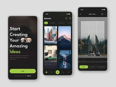 Photo/video Editor - RokuArt app branding clean crop design edit editor file gallery green illustration mobiledesign photo rokuart ui uiux ux video