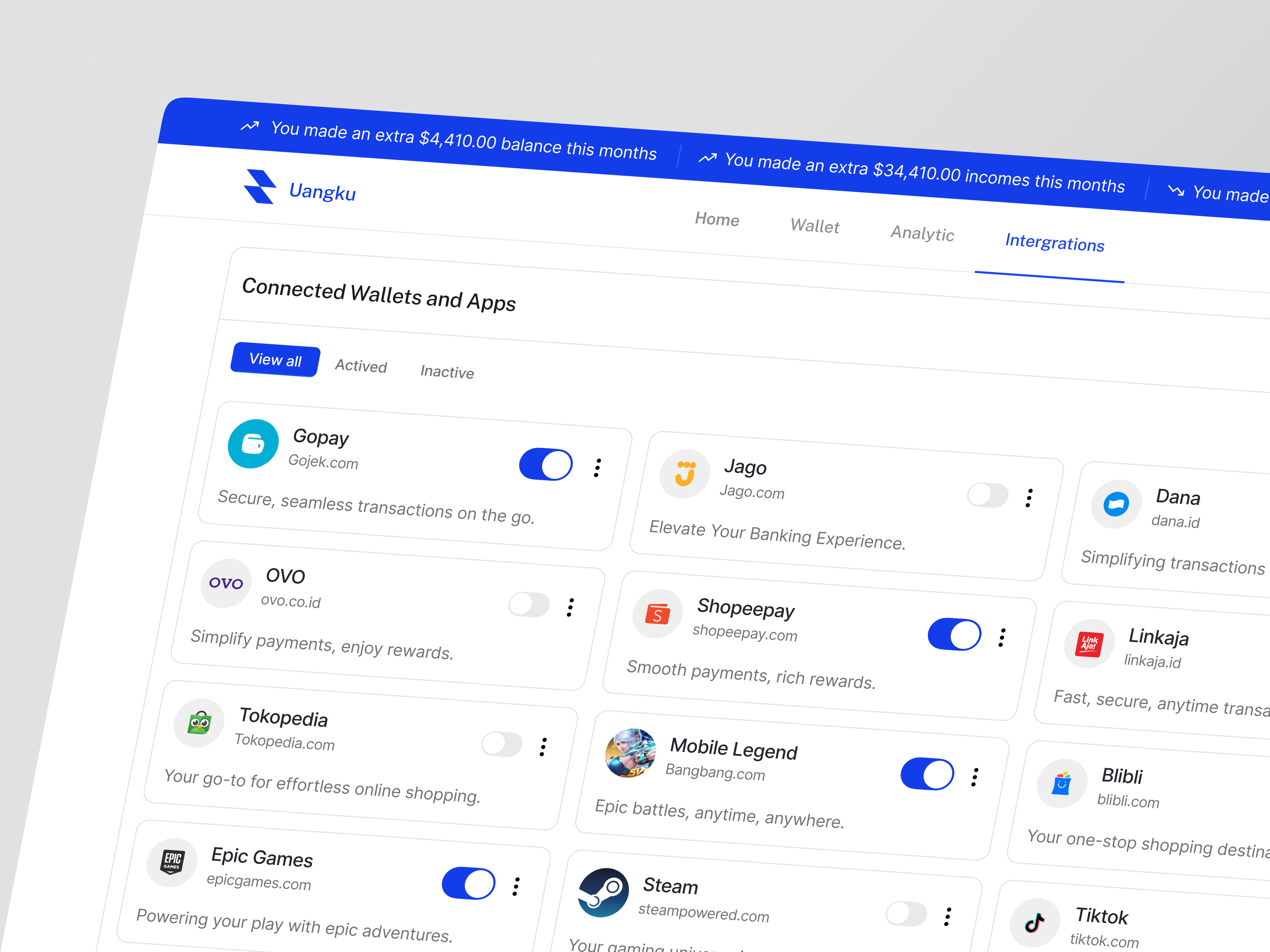 Uangku - Intergration page analytics card clean dahsboard design finance dashboard financial financial management fintech fintech dashboard income integration minimalist money product design saas toogle ui ux wallet