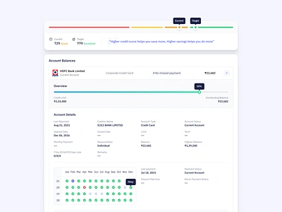 Credit Score Report bank account credit report credit score dashboard saving target tips ui ux