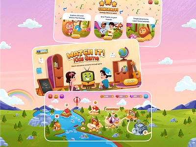 Watch It! Kids game 👧 animal app design book cute illustration education education app game gradient illustration kids kids app kids game learn maps mobile ui psa saga maps study ui design video