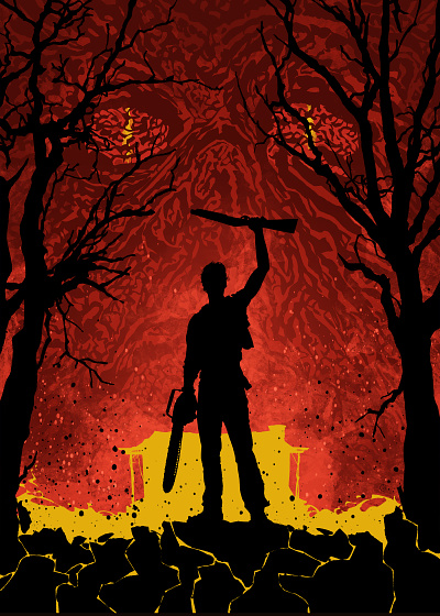 Ash VS Evil Dead ash ash vs evil dead boomstick cabin evildead horror poster silhouette woods
