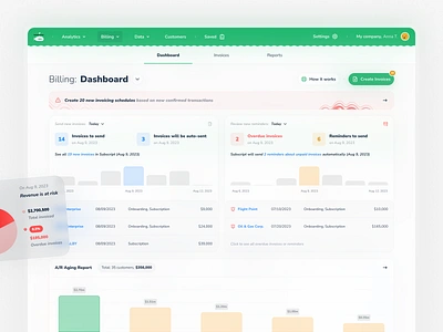 Billing Dashboard app bars billing chart dashboard design finance graph green invoice metrics revenue risk statistics table ui ux web white widgets