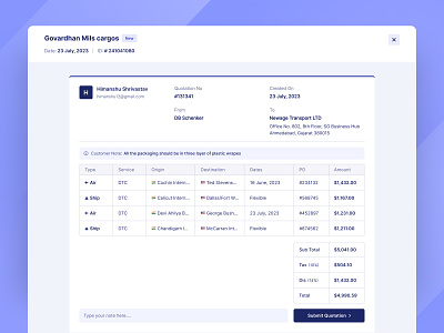 Pricing, Quotation Screen, Logistics & Transportation freight grids logistics logistics ui modal price pricing pricing page quotation quotation screen quote shipment table tender tender rates transportation ui design web ui