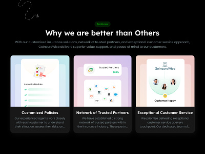 Landing Page Features Section branding clean creative design card dark mode design exceptional customer service features section graphic design illustration key words landing page features section landing page insurence logo network company network of trusted partners policy features policy rules featues tag features ui vector