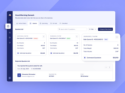 Logistics & Transportation, Quote List & Status cards freight logistics orders price pricing quotation quotation status quote quote list shipment status tender tender rates transportation ui design