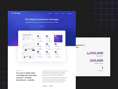 Derivaty – Personalized investment advisory through a web-app adchitects branding charts data design finance gradient graphic design illustration interface investment logo minimal purple responsive web design responsive website ui ux web web app