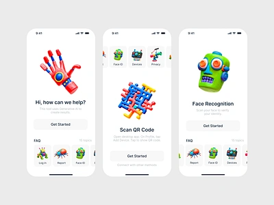 AI App Concept with Plop! Plasticine Icon Set ai app chatbot face id faq icons illustration qr code ui uiux