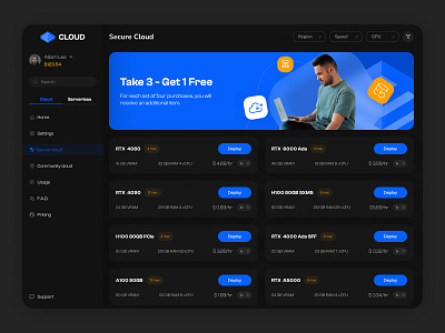 GPU Cloud ai black blue cards cloud concept data center develop gpu gpu cloud hosting orange server stablediffusion storage ui uidesign ux vram webdesign