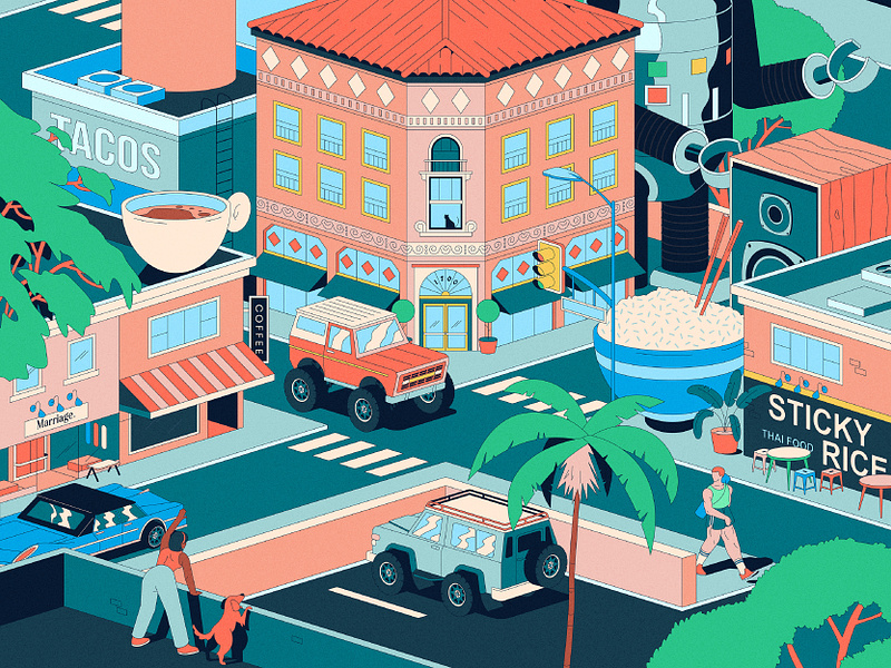 Echo Park adobe illustrator bronco characters city design details food illustration isometric isometric design isometric illustration layout lifestyle music nature procreate sticky rince tacos urban urban life