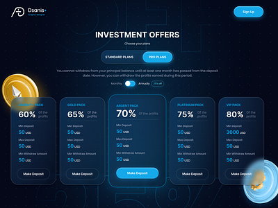 Investment Offers - Dark Mode Pricing creative crypto cryptoui dark mode icone landing page plans subscription ui ui design uiux design ux web design