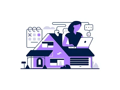 Working from home calendar cloud design flat freelance garage home illustration laptop messages minimal purple woman work workplace