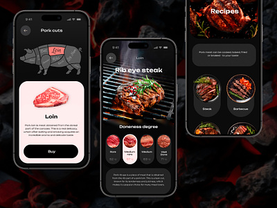 Ham House - Meat and BBQ app bbq black cuts design food grill meat mobile phone pig pork product recipe steake ui ux