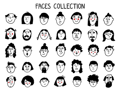 Faces collection adult boy characters different doodle emotions faces girl grandma grandpa individuality kid man people person portrait vector woman