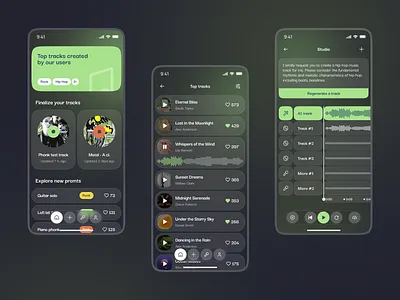 bpmAi app - AI Assistant For Music Creation ai app app design blur case study dark mode design editing glass green mobile app modern music music edit simple track ui