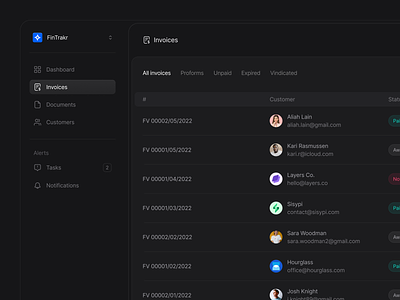 FinTrakr cooking 🛠 app application dark darkmode dashboard design glass invoices layout list modern productdesign table ui ui design uidesign ux