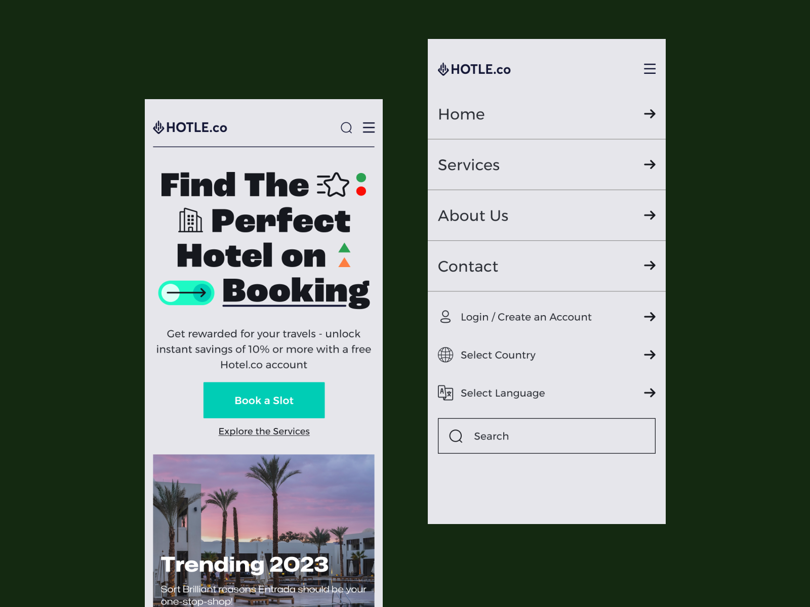 HOTLE.co - Hero section, Mobile Responsive agency website branding clean hotel booking hotel search landing ui layout listing menu mobile responsive mobileui product design samsung typography uiux user experience web design web development website