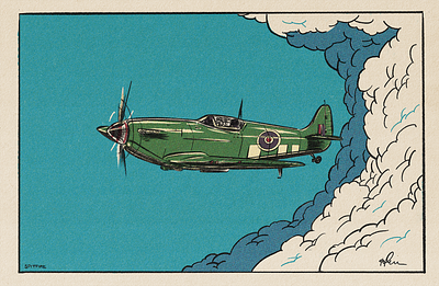 Illustration - Spitfire aircraft blue clouds comic digital illustration flat flying green halftone illustration