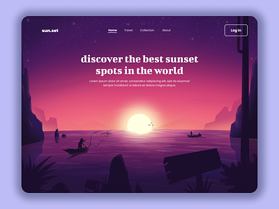 hunting sunset-home page amazing beautiful design flat illustration landscape modern nature sunset travel vector web