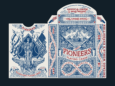 Pioneers Playing Cards 1800s adventure america boats bold classical exploration flags hand drawn illustration lettering ornate packaging playing cards product desogn ships typography victorian vintage worlds fair