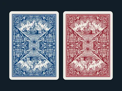 Pioneers Playing Cards Back Design adventure america boats classical detailed exploration flourish hand drawn illustration magic ocean ornate playing cards product design retro sailing ships symmetrical vintage