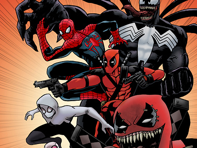 Team Spider-man & Team Deadpool artist artwork character illustration comic artist comic style concept deadpool design drawing fanart gwenpool illustration marvel comic marvel fanart marvel universe spider gwen spiderman team up venom venompool