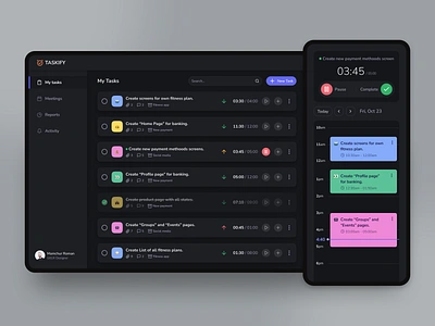 Smart Calendar for Time Tracking, Task Management, and Focus. app dark mode dark theme desktop focus management money product design productivity tablet task management tasks time time tracking to do list tracking ui uiux ux