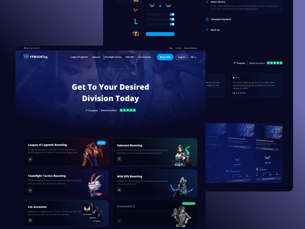 FFBoost15 - League of Legends Booster & account site boosting calculator design figma graphic design league of legends page ui ux web web app web design