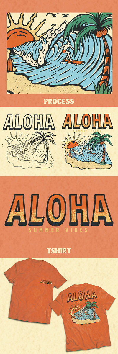 ALOHA TSHIRT aloha apparel badge beach branding clothing drawing handdrawn illustration logo palm tree retro summer sunset surfboard surfing tshirt vacation vintage wave