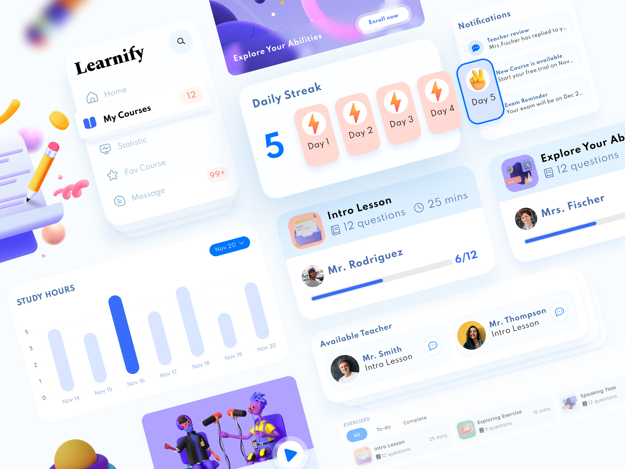 Learnify 3d ai app chart component creative design desktop app education graphic design illustration mobile mobile app mobile design product design template ui ui design ux ux design