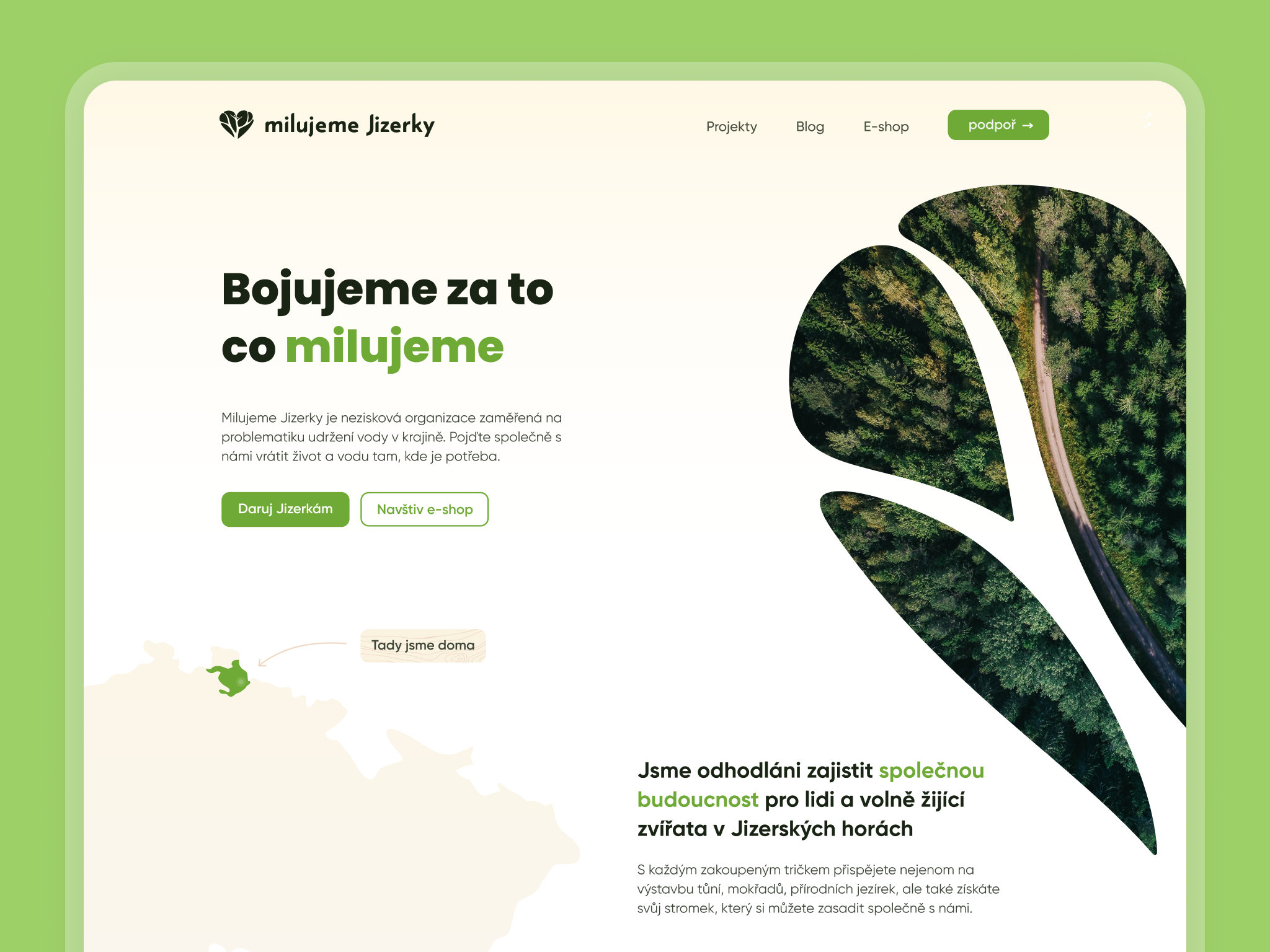 Milujeme Jizerky - Website blog czech design forest gradient green landing page map milujeme jizerky nature non profit organic ui user interface warm web design website