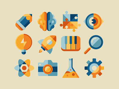 Innovation icon set brain bulb camera creativity eye flat gear icon set icons illustration innovation leo alexandre magnifying glass puzzle research science technology vector vintage