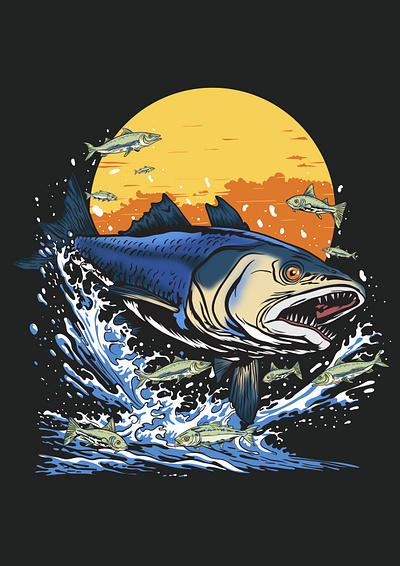 Fish , Sunset , Ocean custom illustration faraj art fish ocean sunset t shirt vector art