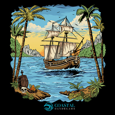 Coastal Day Dreams coastal custom illustration faraj art illustration land nautical ocean pirate pirate ship ship t shirt tropical trees vector art