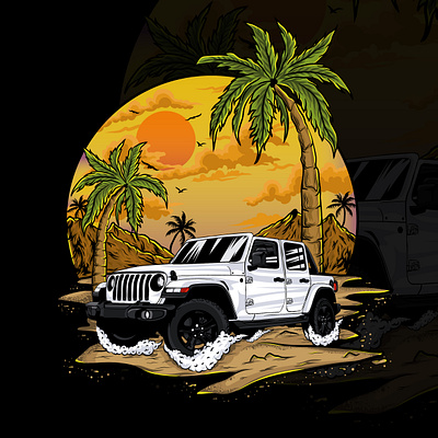 White jeep in coastal area! coastal area custom illustration faraj art illustration jeep sea beach sun set car t shirt truck vector art white jeep
