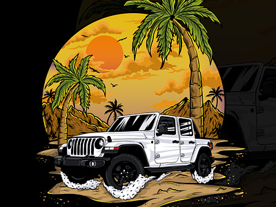 White jeep in coastal area! coastal area custom illustration faraj art illustration jeep sea beach sun set car t shirt truck vector art white jeep