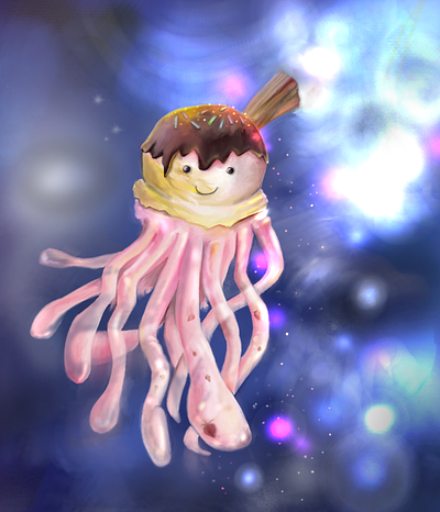 The Ice Cream and Jellyfish animal character design cute digital art digital illustration fantasy food ice cream jelly kawaii magic marine nature sketchbook sparkles surreal