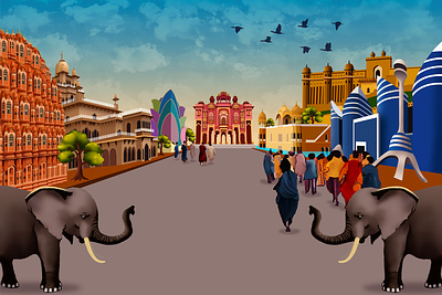 Digital Painting - Jaipur Street bird buildings city digital digital drawing digital painting drawing elephants hawa mahal humans india jaipur painting photoshop rajasthan road sketch sky street world trade park