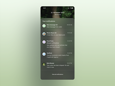 A list of notifications screen dailyui glass effect list of notifications notifications notifications screen simple ui ui design ui ux uidailychallenge