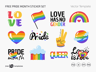 Free Pride Month Sticker Set (PSD, AI, EPS, PNG) free free icon set free icons free vector icons freebie icon icon pack lgbt lgbt icons photoshop pride pride month psd rainbow sticker sticker pack sticker set stickers template templates