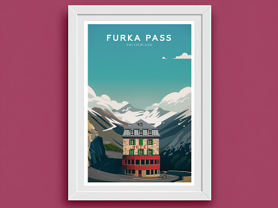 Furka Pass, Switzerland bicycle bike clouds cycling forest furka pass hotel illustration mountains poster snow switzerland vintage wes anderson