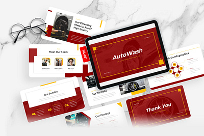 AutoWash PowerPoint Template agency autowash business carwash gsl key modern powerpoint ppt pptx presentation template red ui website yellow