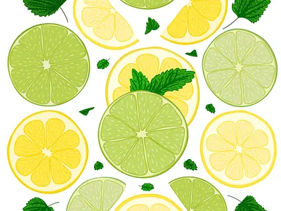 Лимонные и лаймовые дольки с листьями мяты. fresh mint