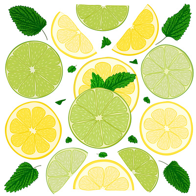 Лимонные и лаймовые дольки с листьями мяты. fresh mint