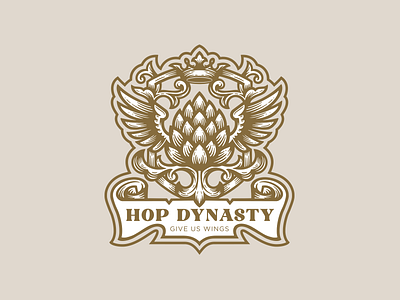 Hop dynasty beer coat of arms crown heraldry hop illustration logo logotype nature premium vintage vip wings