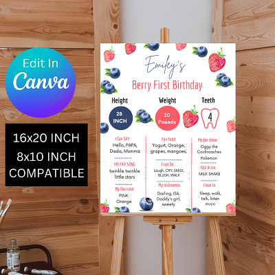 Berry First Milestone Board template berry first berry first birthday berry first birthday party berry first milestone board birthday party blueberry canva canva template design first birthday invitation graphic design milestione board strawberry template