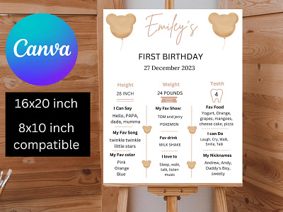 Minimalist modern bear milestone board template | Chalkboard bear chalkboard bear milestone board birthday party canva canva template chalkboard design editable and printable first birthday invitation graphic design milestone milestone board milestone board template modern bear template