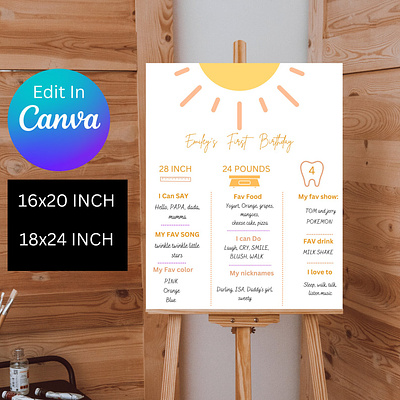 Sun First Birthday Milestones Sign birthday party canva canva template design editable and printable first trip around the sun girl chalkboard girl milestone board graphic design milestone board template