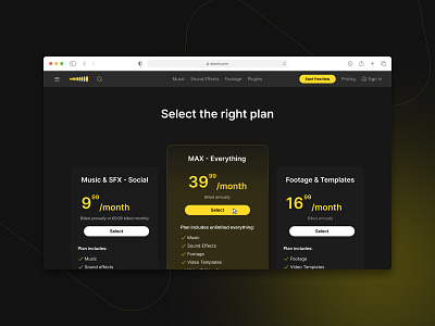 Pricing Page billing black cards clean concept cost dark modern price table pricing stock ui ux web design yellow